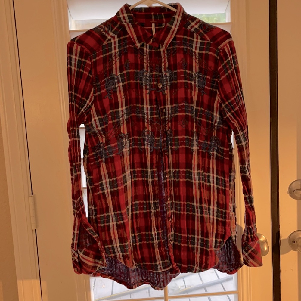 Free people plaid shirt with blue embroidery size medium.
